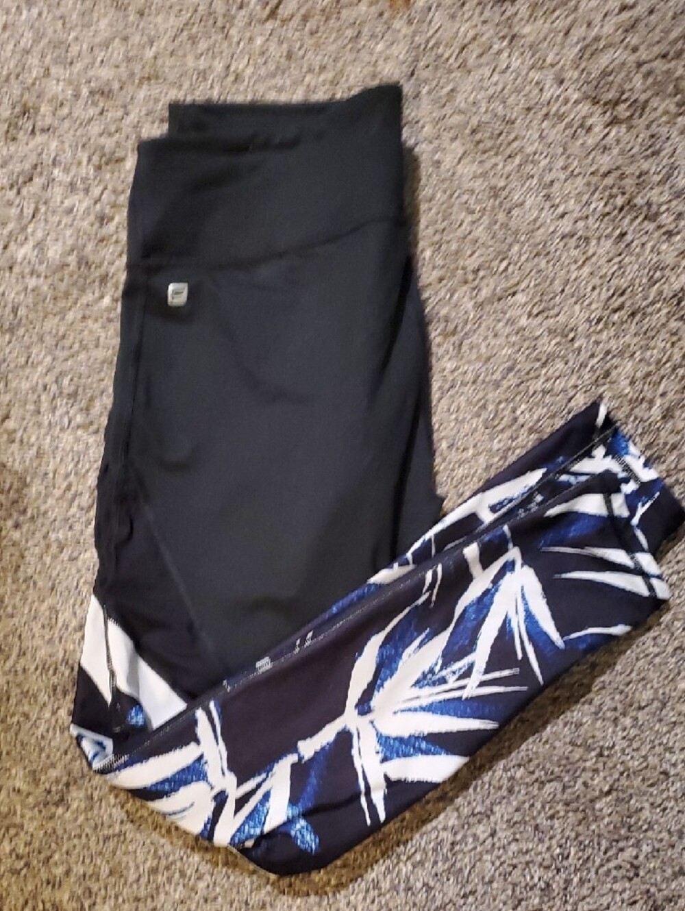 Fabletics Black Leggings with Blue White Leaf Print Accent - Picture 2 of 3